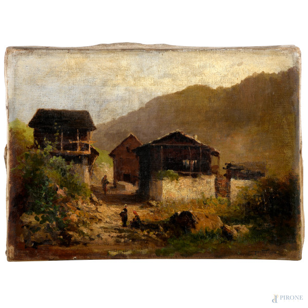 Paesaggio montano, XX secolo, olio su tela, cm 24x34,5, firmato in basso a destra