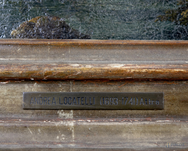 Pittore del XIX secolo, Paesaggio con cascata, olio su tela, cm 42x35 entro cornice, (difetti)