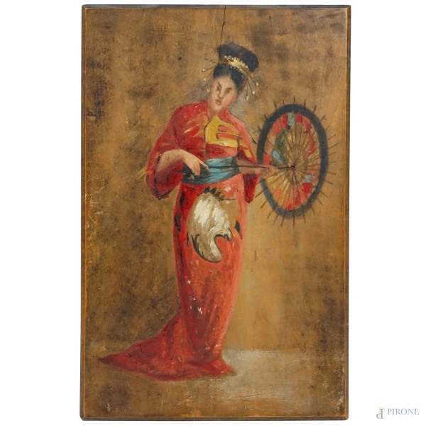 Pittore francese, inizi XX secolo, bozzetto raffigurante donna giapponese con parasole, olio su tavola, cm 32x21, (difetti)