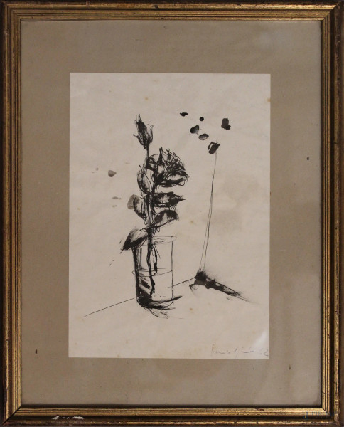 Bicchiere con fiore, china su carta firmata e datata, cm 24 x 17, entro cornice.
