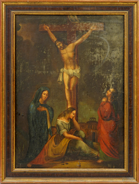 Crocifissione con Santa Maria Maddalena, San Giovanni Evangelista e Maria, XIX-XX secolo, olio su cartone telato, cm 71x51,3, entro cornice