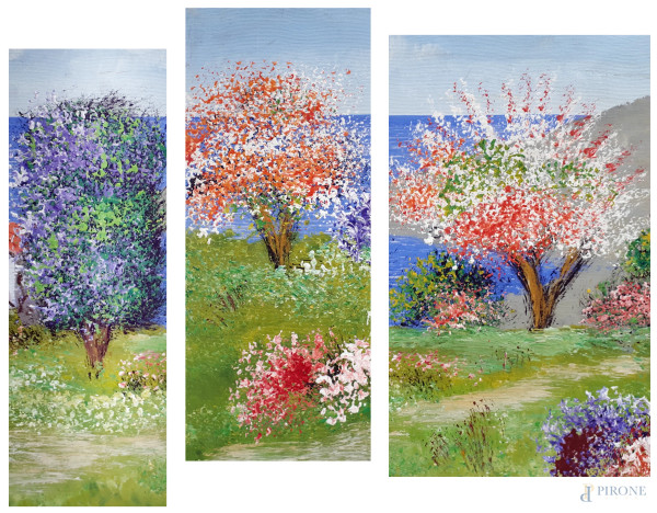 Artista del Novecento, Alberi in fiore, trittico ad olio su tela, cm 34x12, 34x14, 34x20