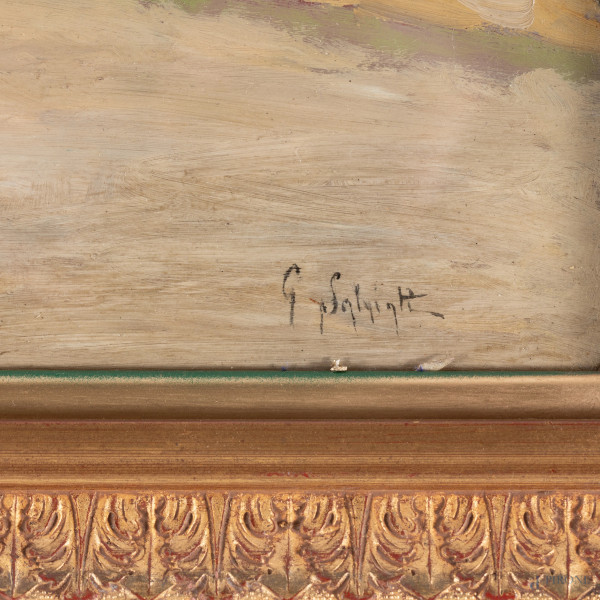 Giovanni Salviati (1881-1951), Paese montano, XX secolo, olio su tavoletta, cm 28x48, firmato in ...