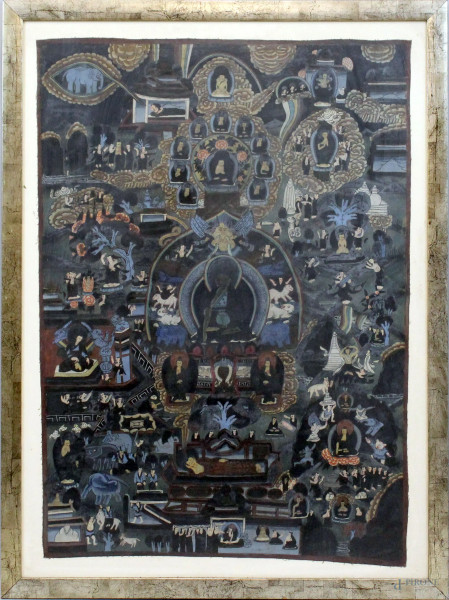 Antico thangka orientale dipinto su tela, cm 79x57, entro cornice.