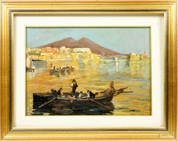 Veduta del Golfo di Napoli con pescatori, XX secolo, olio su cartone, cm 29x41, entro cornice