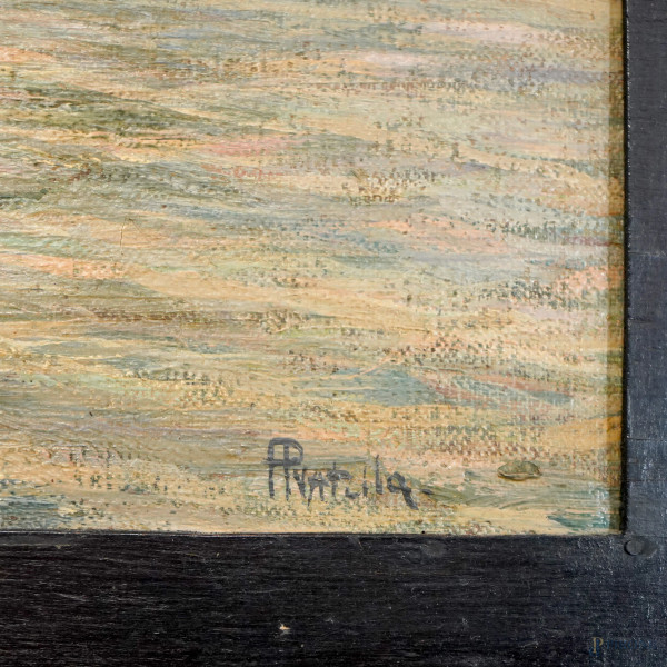 Veduta marina con imbarcazioni, XIX secolo, olio su tela, cm 41x61, entro cornice