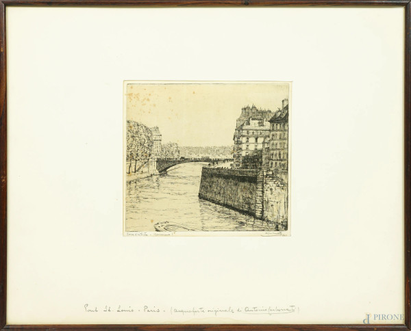 Antonio Carbonati - Ponte di Saint Louis a Parigi, acquaforte (prova d'artista),  cm 17x19, 1920, titolato sul passepartout, entro cornice