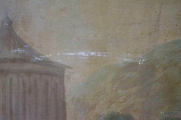 Pittore attivo alla fine del XVIII secolo, Paesaggio con ponte e viandanti, olio su tela, cm 110x...
