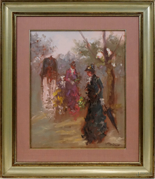 Pietro Pantino - Dame al parco, olio su tela, cm 47x38,5 circa, entro cornice.