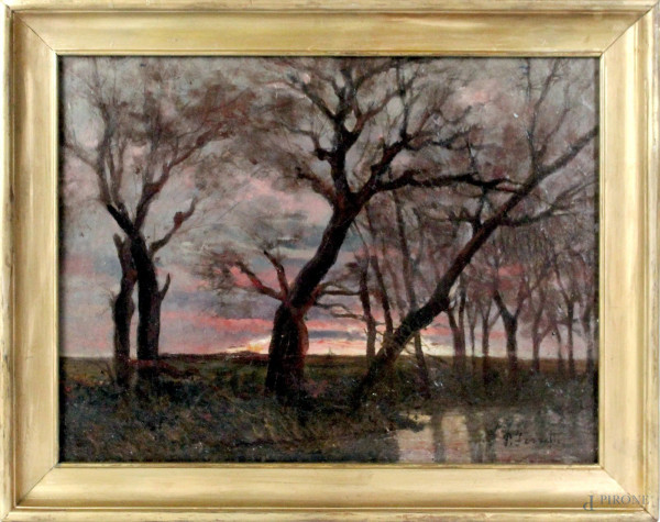 Paesaggio palustre al tramonto, olio su tela riportato su cartone, cm. 35x46, firmato P. Ferretti, entro cornice.