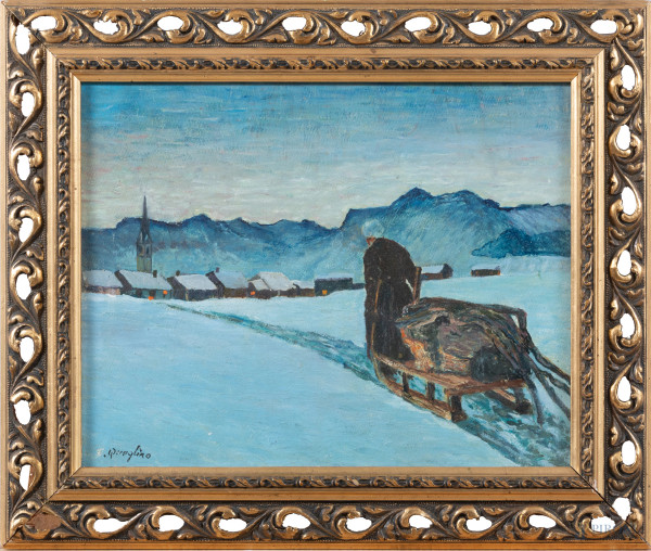 Ritorno nel paesaggio innevato, XX secolo, olio su cartone telato, cm 24x30, firmato in basso a sinistra, entro cornice, (segni di usura, difetti)