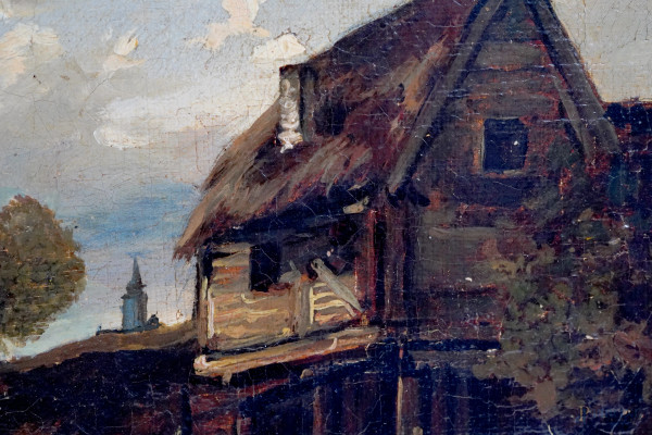 Paesaggio fluviale con casa, XIX secolo, olio su tela, cm 28,5x48,5, entro cornice