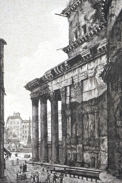 Veduta di fianco del Pantheon, incisione, cm 76x53, XIX secolo, (macchie sulla carta).