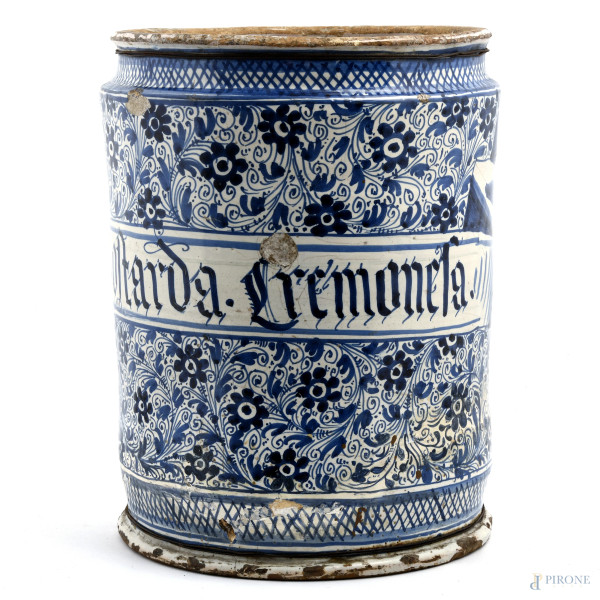 Vaso in ceramica da farmacia, XIX-XX secolo, altezza cm 35, (segni di usura, felature, rotture, restauri)