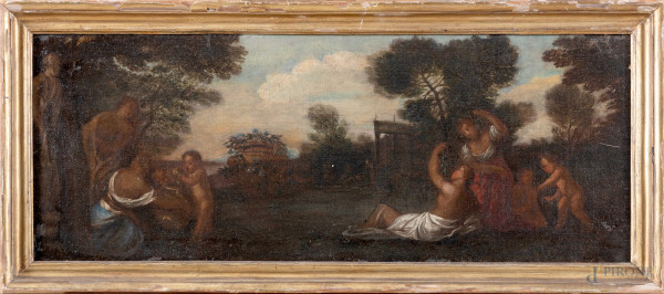 Scena bucolico-mitologica, XIX secolo, olio su tela, cm 33x87,5, entro cornice, (segni di usura, abrasioni, cadute di colore, difetti)