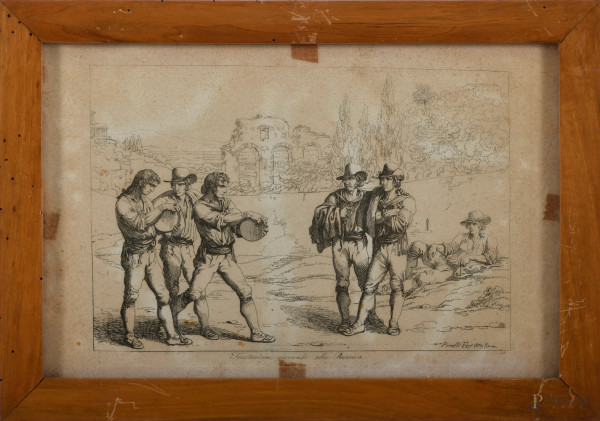 Lotto di 24 incisioni di Bartolomeo Pinelli, cm 23x36 entro cornice, (difetti, gore e tracce di u...