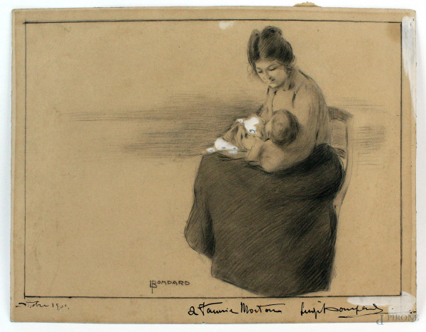 Luigi  Bompard - Maternità, tecnica mista su carta, cm 21x27