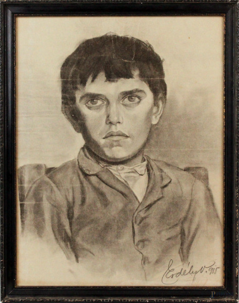 Ritratto di ragazzo, tecnica mista su carta, cm 44x34, firmato, entro cornice.