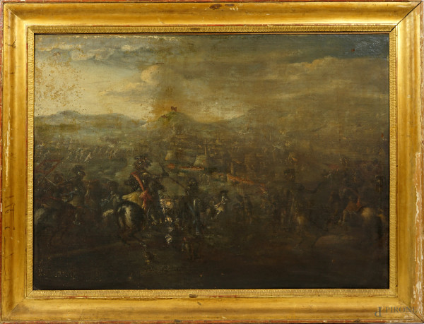 Scuola napoletana del XVII secolo, Battaglia, olio su tela, cm 95x134, entro cornice (difetti, cadute di colore)