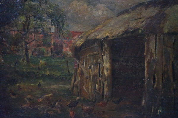 Pollaio, olio su tela, cm 50x75,5, firmato R. Goubie, entro cornice