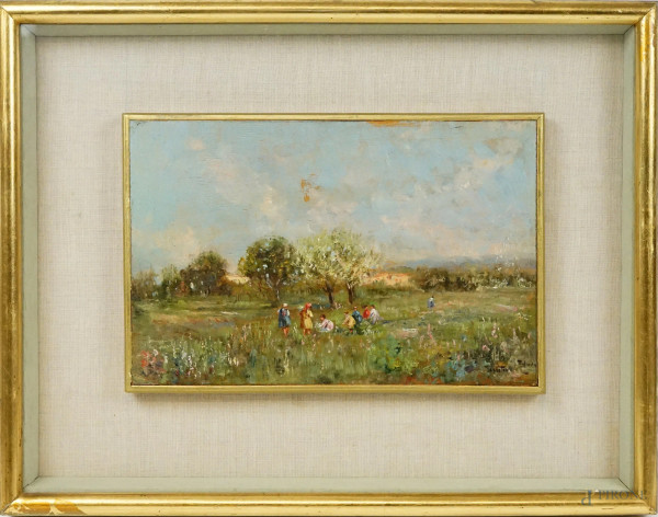 Fulvio Tessitore - Paesaggio con figure, olio su tavola, cm 19,5x29,5, entro cornice