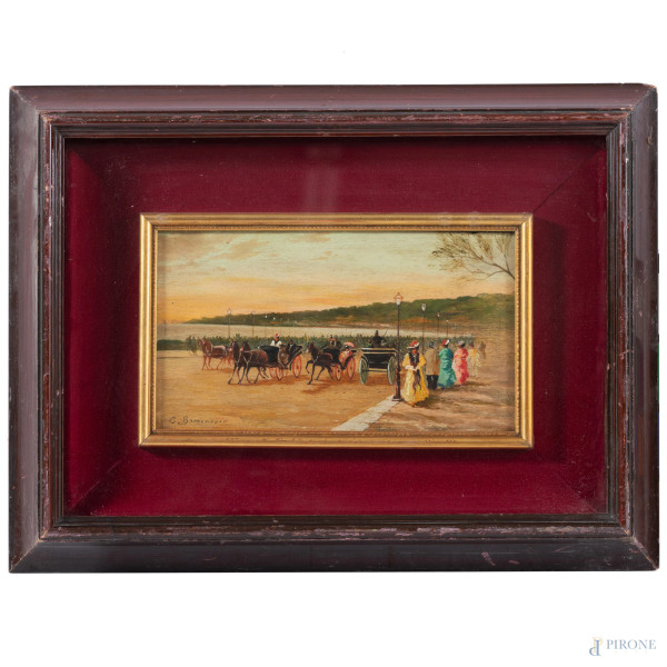 Viale con figure e calesse, XX secolo, olio su tavoletta, cm 13,5x23, firmato in basso a sinistra, entro cornice
