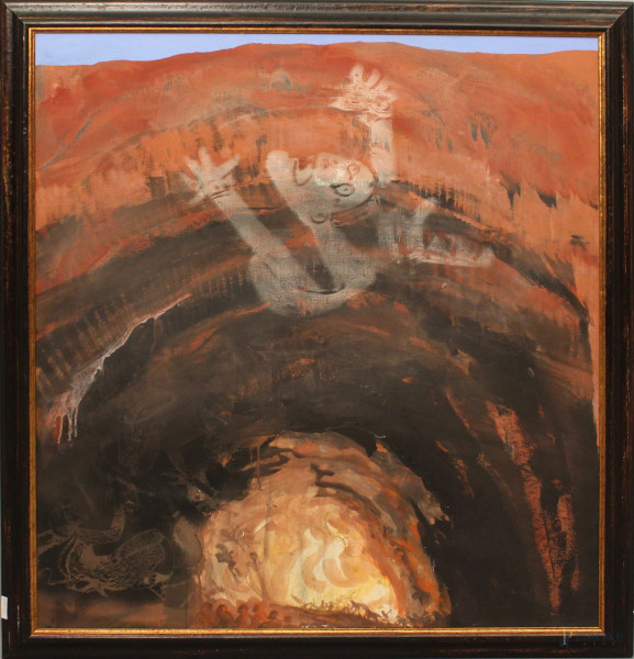 Paolo Baratella - Il mito della caverna, olio su tela, cm 100x90, datato 2009, entro cornice.