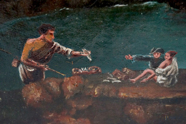 Pittore francese del XIX secolo, Veduta costiera con pescatori e capriccio architettonico, olio s...