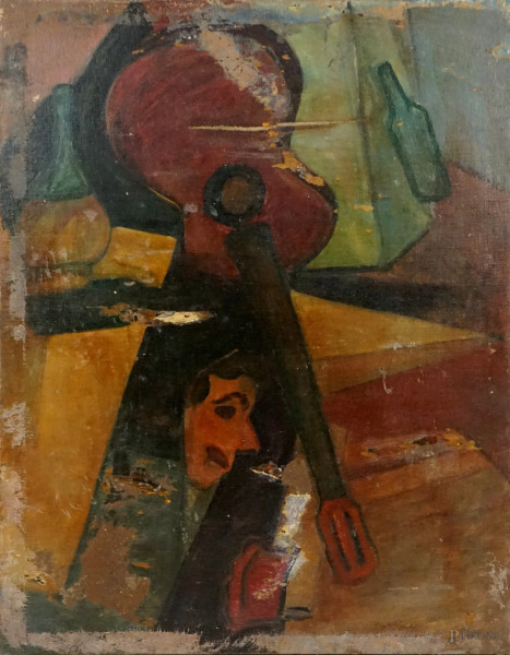 Pittore post-cubista, Tavola imbandita con maschera e chitarra, olio su tela, cm 75x95,5, (difetti sulla tela).