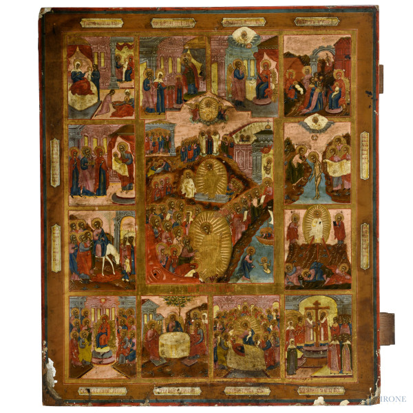 Icona raffigurante le Dodici Feste, XIX secolo, tempera su tavola, cm 63x53, (segni di usura, scalfiture, cadute di colore, mancanze, difetti)