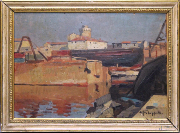Cafiero Filippelli - Scorcio del porto vecchio di Livorno, olio su legno, cm 25 x 35, entro cornice.