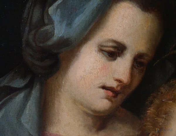 Pittore toscano del XVI secolo, Madonna con il Bambino, Santo e donatore, olio su tavola, cm 116,...