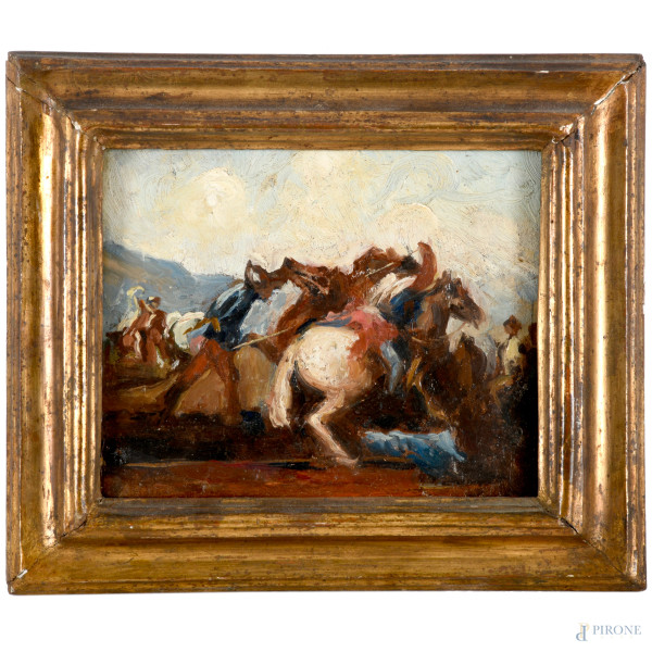 Battaglia, olio su compensato, XX secolo, cm 13x15,5,entro cornice, (difetti)