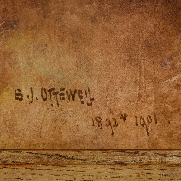 Paesaggio con gregge, XIX-XX secolo, tecnica mista su tela, firmato e iscritto "1892-1901" in bas...