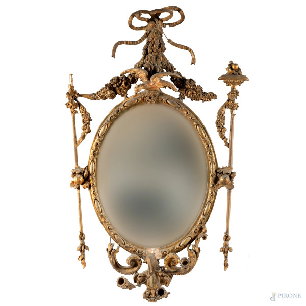 Coppia di specchiere ovali in legno e stucco dorato, XIX secolo, cm 116x62  (rotture, mancanze, difetti)