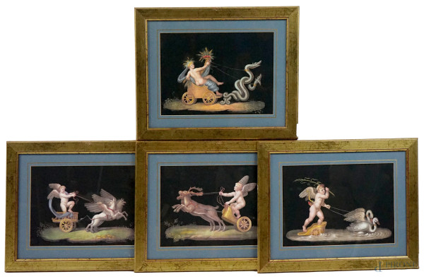 Quattro stampe allegoriche da Michelangelo Maestri (XVIII - inizio XIX secolo), cm 23,5x33,5, recanti timbro a secco, entro cornici