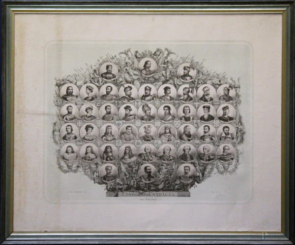Iconografia della famiglia sabauda, antica stampa, cm 70 x 88, entro cornice.