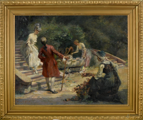 Scena galante, olio su tela, XIX secolo, cm 70x90 entro cornice, (difetti)