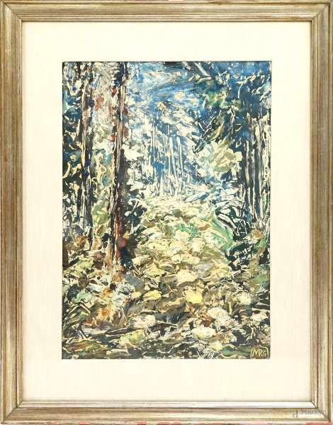 Paesaggio, tecnica mista su carta, cm 48x33, siglato MRG, entro cornice