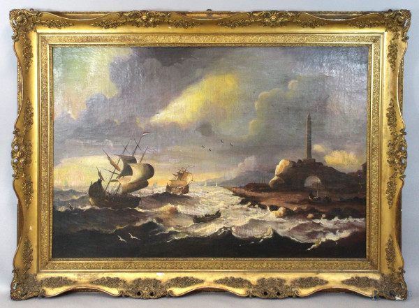 Scorcio di costa con imbarcazioni, olio su tela, cm. 112,5x162, XIX secolo, entro cornice.