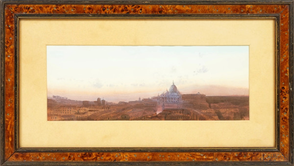 Veduta di San Pietro, acquarello su carta, cm 25x42, XX secolo, entro cornice.