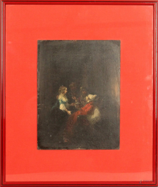 Interno con figure, olio su tavola, cm. 32x24, XVIII secolo, entro cornice.