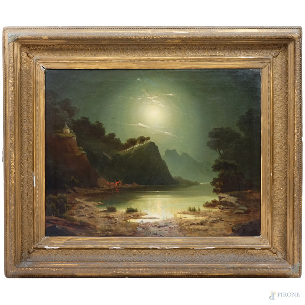 Veduta lacustre al chiaro di luna, olio su tela, fine XIX secolo, firmato in basso a destra, cm 66,5x84,5, entro cornice