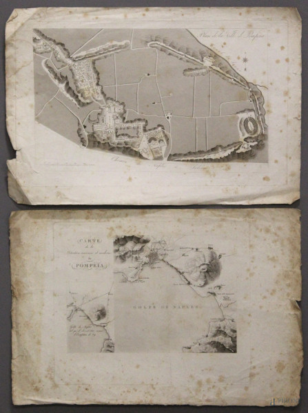 Lotto di due antiche cartine del Golfo di Napoli e villa pompeiana, 33x48 cm