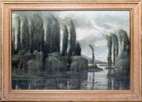 Edgardo Rossaro - Le fonti del Clitunno, olio su cartone, cm 70x100, entro cornice.