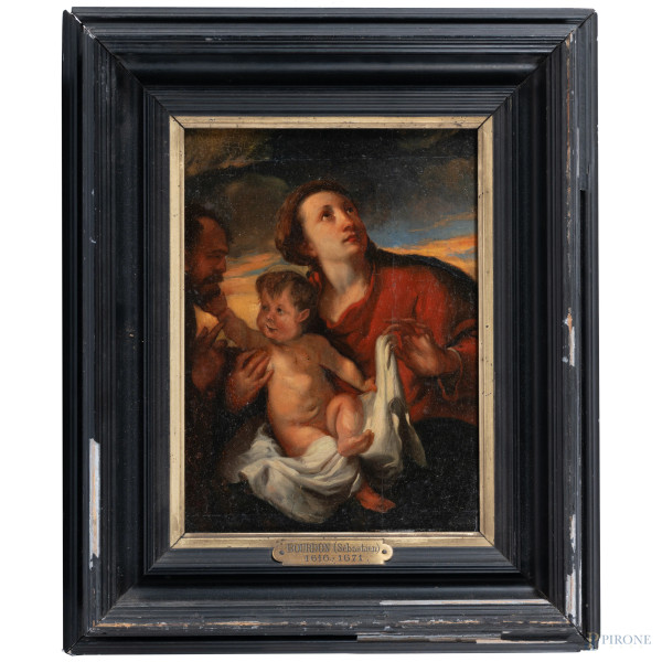 Sacra famiglia, XVIII secolo, olio su rame, cm 33x24,5, entro cornice, (ondulazioni del supporto)