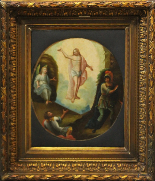 Cristo con angeli e soldati, olio su tela ad assetto ovale, XVIII sec., cm 40 x 45, entro cornice.