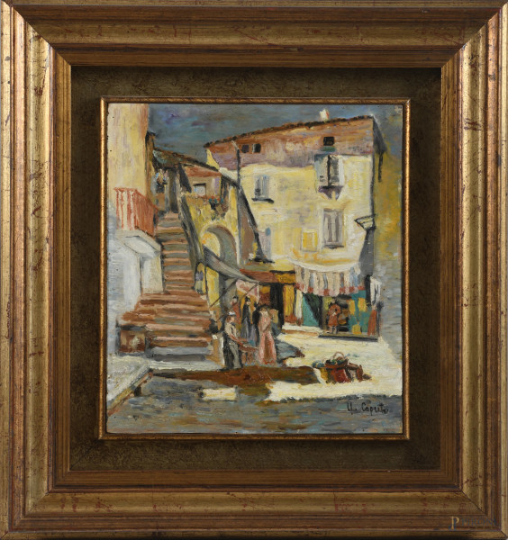 Ulisse Caputo (1872-1948), Scorcio di vicolo, XX secolo, olio su compensato, cm 27x25,  firmato in basso a destra, entro cornice, (lievi segni di usura, piccole abrasioni, fori)