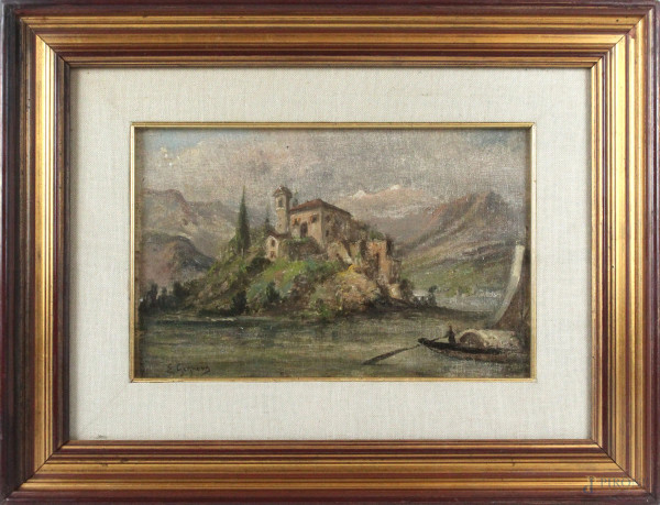 Barca Lucia Lugano Orta Lago Maggiore, olio su cartone telato, cm 20x30, firmato, entro cornice