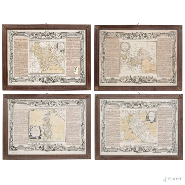 Lotto di quattro stampe della penisola italica, XIX-XX secolo, cm 40x55, entro cornice